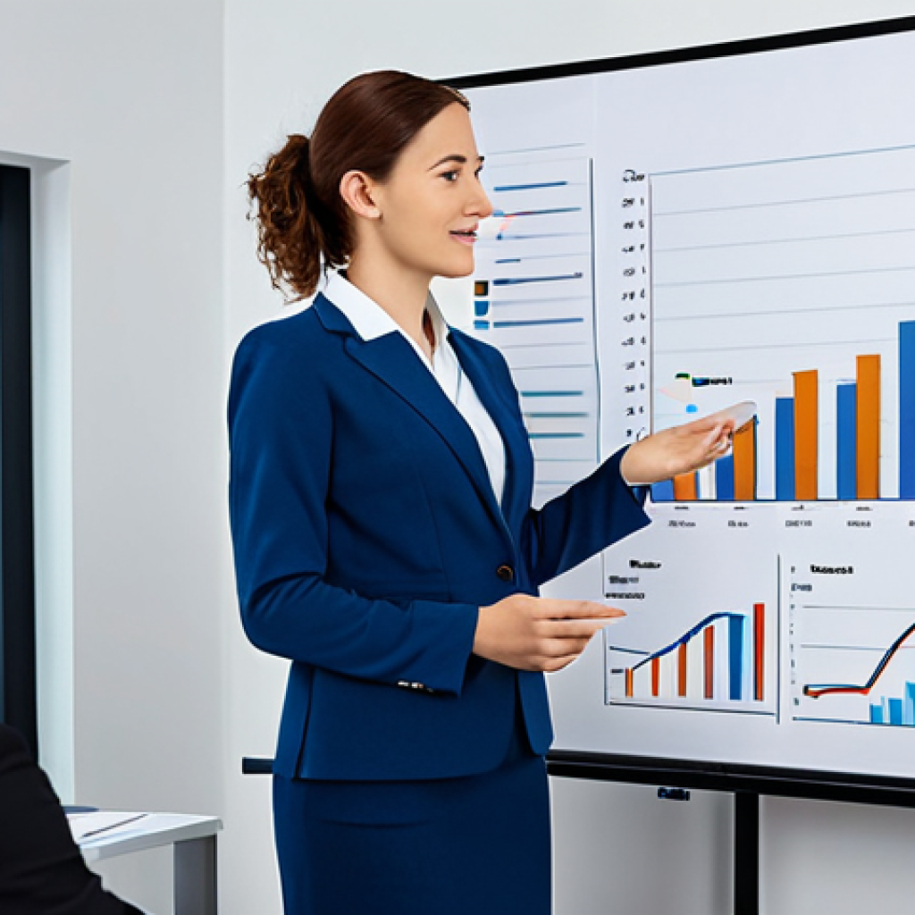 A professional data analyst, fully clothed in a modest office outfit, presenting a bar graph of sales data to colleagues in a modern office setting. Safe for work, appropriate content, perfect anatomy, well-formed hands, professional environment, natural pose, family-friendly.