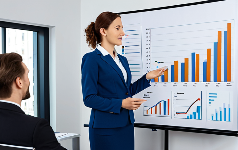 A professional data analyst, fully clothed in a modest office outfit, presenting a bar graph of sales data to colleagues in a modern office setting. Safe for work, appropriate content, perfect anatomy, well-formed hands, professional environment, natural pose, family-friendly.