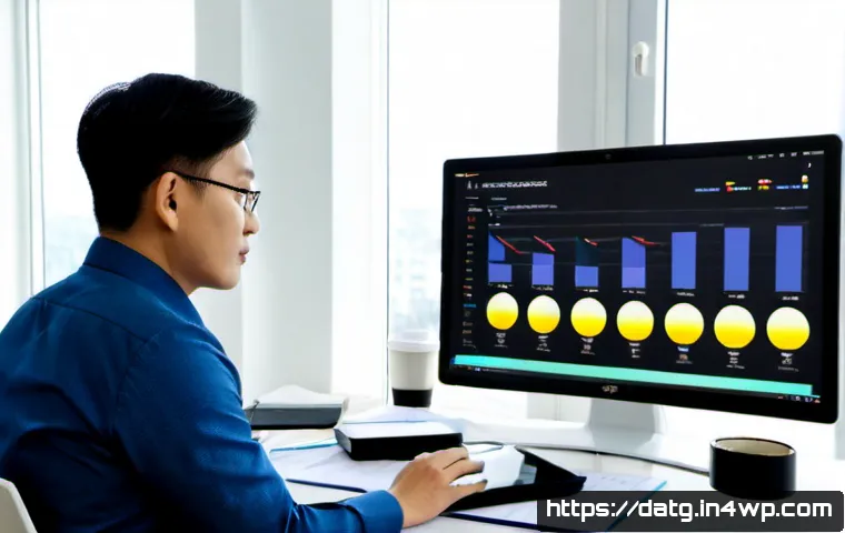 Home 11 전문가가 추천하는 데이터 분석 툴 - Photorealistic modern data analyst workspace, confident middle-aged expert reviewing colorful abstra...
